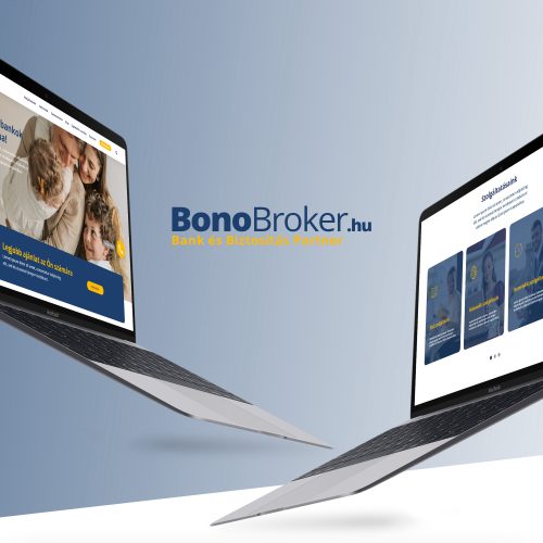 A BonoBroker weboldala: sötétkék-sárga webdesign