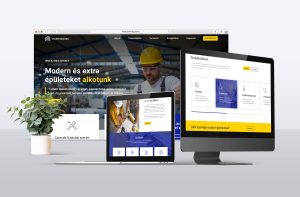 A Csarnokguru weboldalának designja, sötétkék és sárga design.