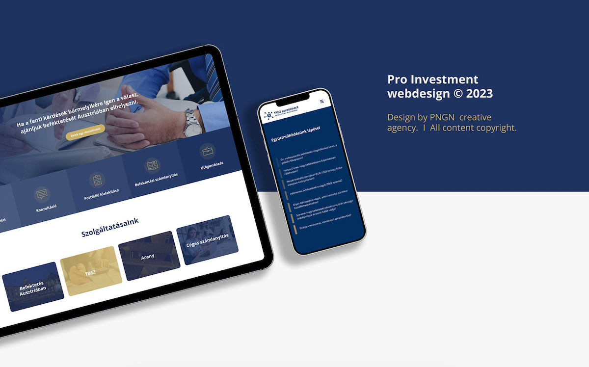 Pro Investment webdesign mockupokban, kék-arany színvilág.
