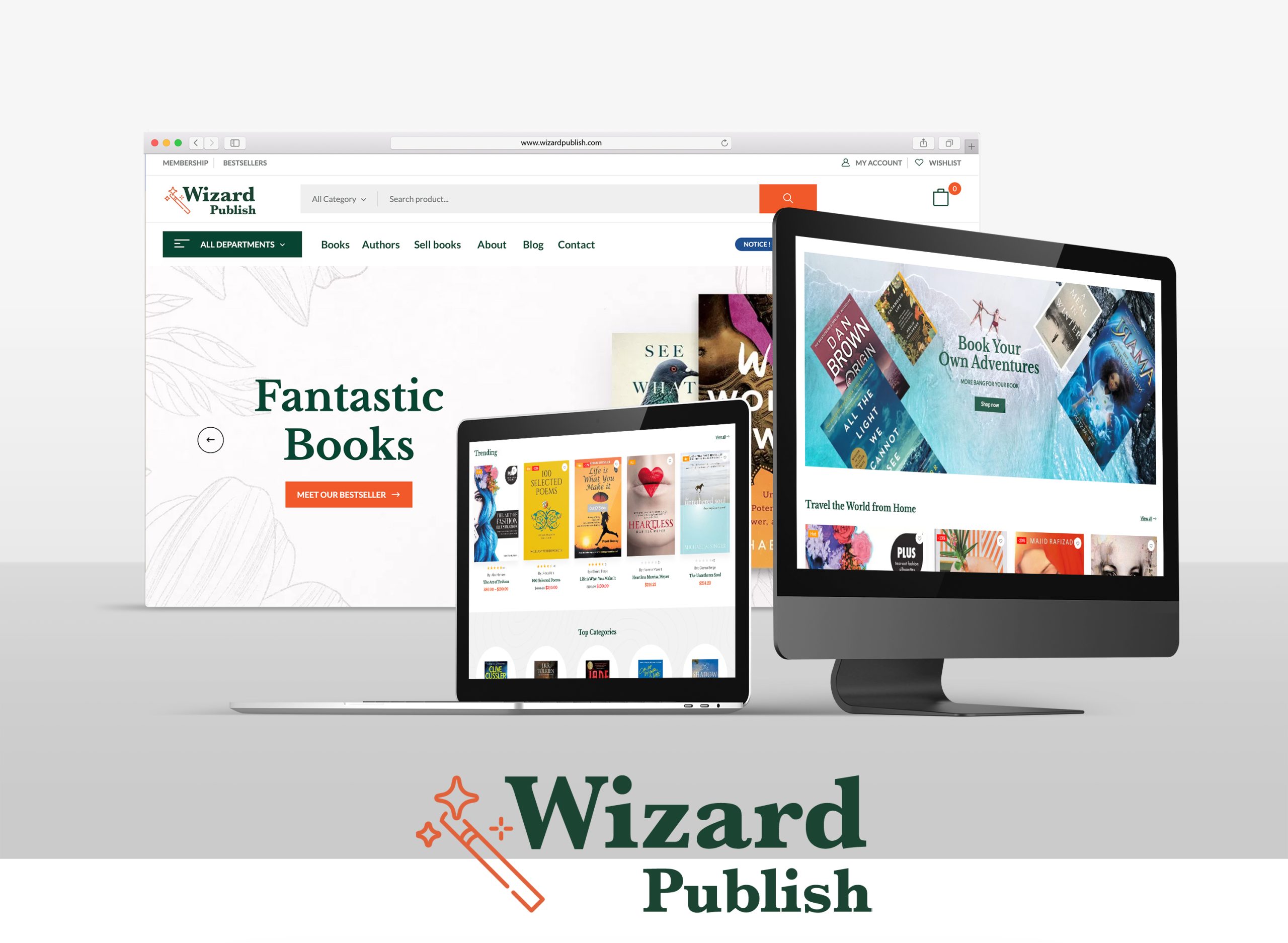A Wizard Publish weboldala. A webdesign fő színei: sötétzöld és narancssárga.