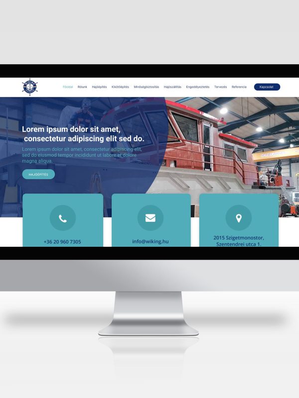A Wiking Hajógyár weboldala. sötétkék-világoskék-fehér webdesign.